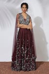 Buy_Mehak Murpana_Maroon Raw Silk Embroidery V Neck Lehenga Set _at_Aza_Fashions