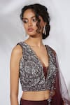Mehak Murpana_Maroon Raw Silk Embroidery V Neck Lehenga Set _Online_at_Aza_Fashions