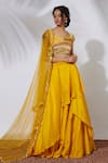 Buy Mehak Murpana Yellow Net, Crepe Leaf Neck Layered Lehenga Set at Aza Fashions Buy_Mehak Murpana_Yellow Net, Crepe Leaf Neck Layered Lehenga Set _at_Aza_Fashions