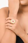 Shop_Zeeya Luxury Jewellery_Gold Plated Moissanite Polki With Swarovski Pearls And Floral Embellished Ring_Online_at_Aza_Fashions