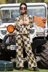 Buy_Kritika Murarka_Beige Modal Satin Hand Printed Checkered Pant  _at_Aza_Fashions