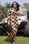 Buy_Kritika Murarka_Beige Modal Satin Printed Checkered Cowl Neck Dress_at_Aza_Fashions