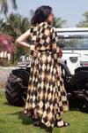 Shop_Kritika Murarka_Beige Modal Satin Printed Checkered Cowl Neck Dress_at_Aza_Fashions