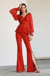 ZWAAN_Red Silk Chiffon V Neck Draped Top And Pant Set  _Online_at_Aza_Fashions