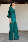 ZWAAN_Green Armani Satin V Neck Draped Top And Pant Set  _Online_at_Aza_Fashions