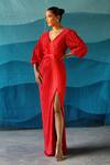 Zwaan_Red Satin V Neck Pleated Gown For Women_Online_at_Aza_Fashions