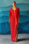 Shop_Zwaan_Red Satin V Neck Pleated Gown For Women_Online_at_Aza_Fashions