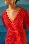 Zwaan_Red Satin V Neck Pleated Gown For Women_at_Aza_Fashions