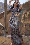 Shop Pasha India Black Linen Floral Print Round Dress at Aza Fashions Shop_Pasha India_Black Linen Floral Print Round Dress_at_Aza_Fashions
