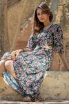 Pasha India Black Linen Floral Print Round Dress Online at Aza Fashions Pasha India_Black Linen Floral Print Round Dress_Online_at_Aza_Fashions