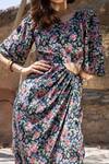 Pasha India Black Linen Floral Print Round Dress at Aza Fashions Pasha India_Black Linen Floral Print Round Dress_at_Aza_Fashions