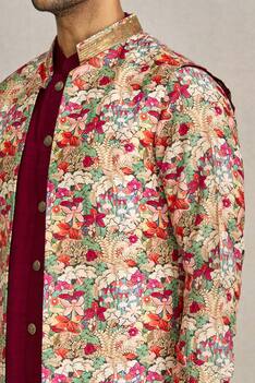 Silk Floral Print Bundi & Kurta Set
