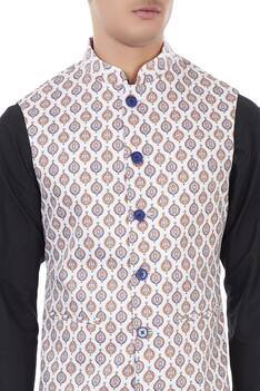 White & blue ethnic printed nehru jacket