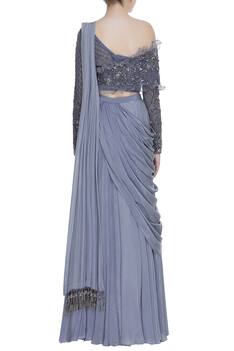 Pleated lehenga with attached dupatta and embroidered blouse