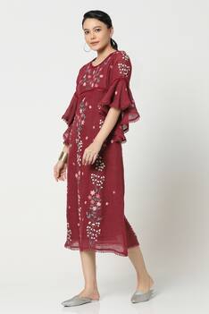 Linen Floral Embroidered Midi Dress