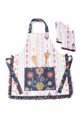 Payal Singhal Canvas Ikat Stripe Print Apron with Mittens 