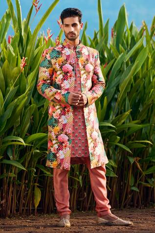 Lashkaraa Silk Flower Bloom Print Jacket Kurta Set