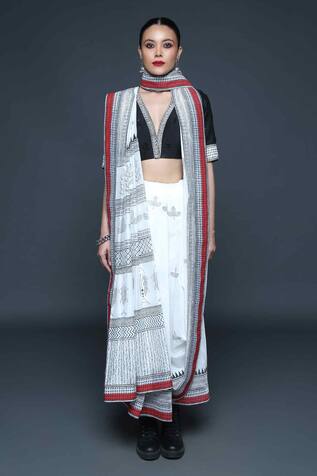 Sanjev Marwaaha Elegant Leaf Motif Hand Block Print Saree With Blouse
