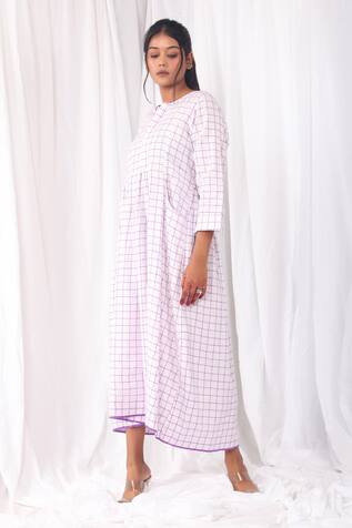KHAT Handwoven Cotton Navy Blue Checkered Pattern Dress