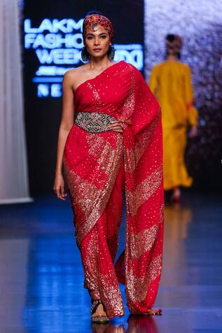 Anand Kabra Sequin Embroidered Saree With Strappy Blouse