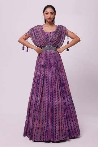 Onaya Geometric Embroidered Pleated Gown