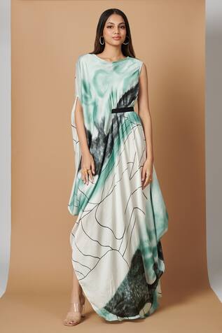 Vedika M Hand Brush Painted Asymmetric Draped Dress