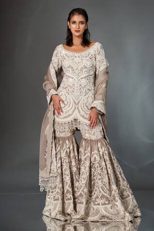 Stotram Floral Embroidered Organza Kurta Gharara Set