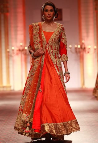 Preeti S Kapoor Red embroidered jacket with orange anarkali & dupatta