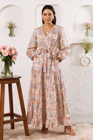 Rivaaj Clothing Cotton Frill Botanic Pattern Maxi Dress