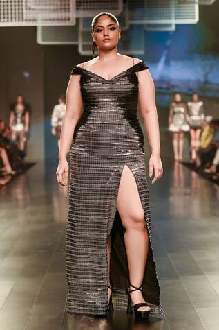 RUDRAKSH DWIVEDI Platinum Off Shoulder Gown