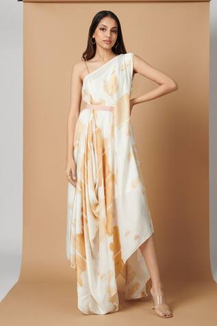Vedika M Satin Hand Brush Painted Draped Dress
