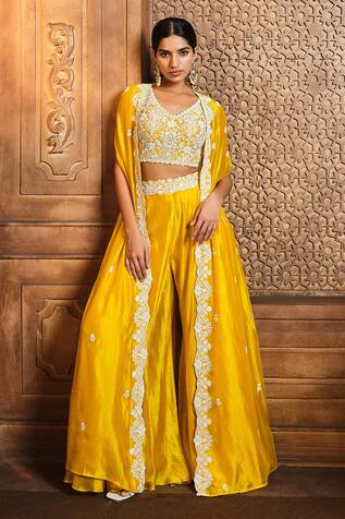 Aneesh Agarwaal Silk Organza Scallop Border Cape Sharara Set