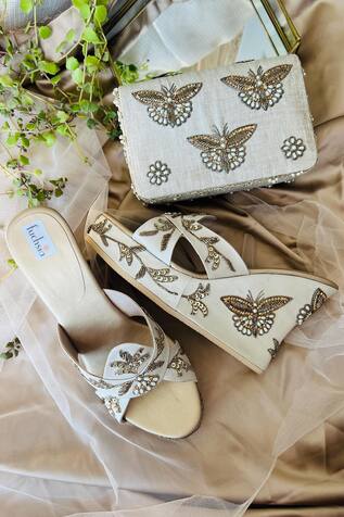 Fuchsia Butterfly Embroidered Wedges & Clutch Set