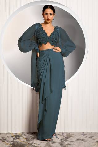 Jade By Ashima Bishop Sleeve Shrug Draped Skirt Set