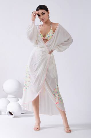 Kacha Tanka Thread Embroidered Wrap Dress With Bralette