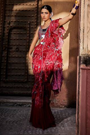 Awigna Gulmarg Ruffle Pre-Draped Saree With Blouse