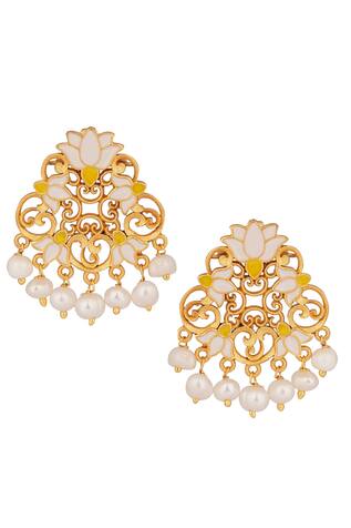 Zariin Glory Lotus Pearl Drop Dangler Earrings