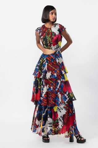 Saaksha & Kinni Abstract Floral Print Side Cut Out Gown