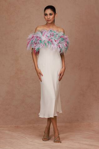 Shriya Som Faux Feather Applique Bias Cut Midi Dress
