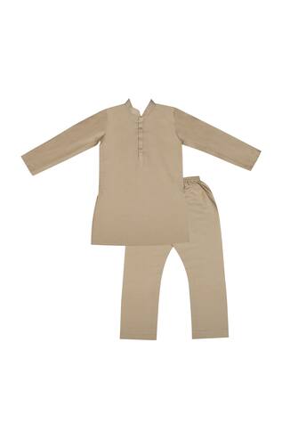 Beige Long Sleeve Kurta And Aligarh Pant Set For Boys
