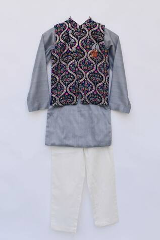 Fayon Kids Velvet Floral Print Nehru Jacket Kurta Set