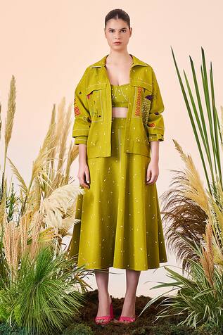 Shahin Mannan Abstract Shapes And Ostrich Jacket Skirt Set