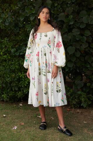 Ode To Odd Balloon Sleeve Floral Print Dress