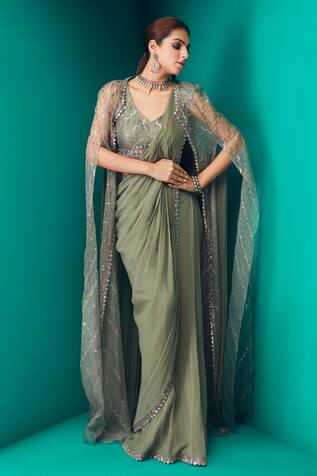 Rishi and Soujit Pre-Draped Saree With Sheer Cape