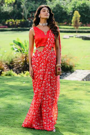 Redpine Designs Pre-Draped Floral Print Saree With Blouse