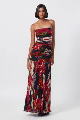 Saaksha & Kinni Abstract Floral Print Strapless Gown