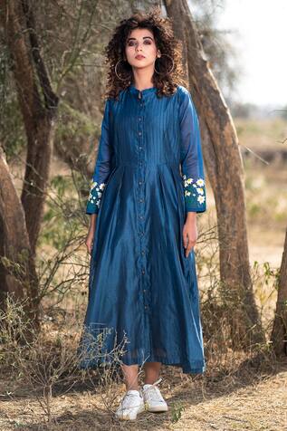 The Home Affair Pintucked Chanderi Embroidered Dress