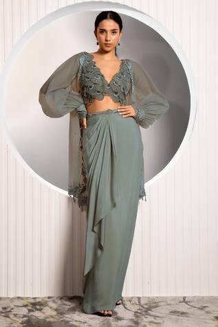 Jade By Ashima Embroidered Cuff Shrug Draped Skirt Set