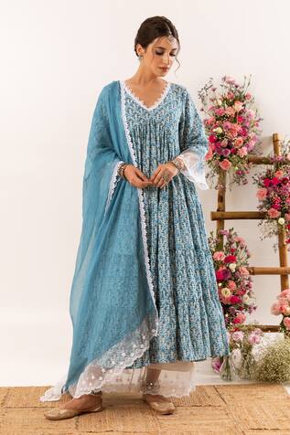 Rivaaj Clothing Botanic Print V Neck Anarkali Palazzo Set