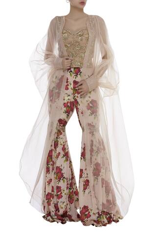 Shehlaa Khan Sheer cape with Printed sharara pants & blouse